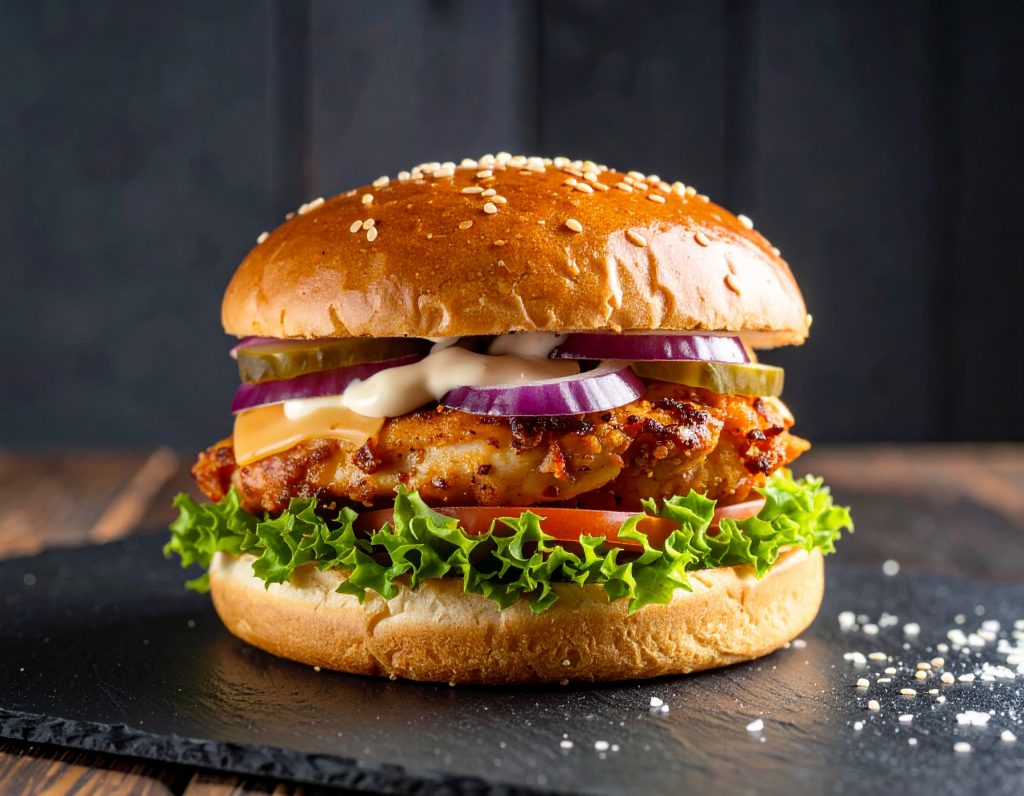 Chickenburger mit rotenZwiebeln, Tomate, Käse, Salat und Sauce angerichtet auf einer Schieferplatte, symbolisiert die Art des Kochens vom Privatkoch für Sportler.