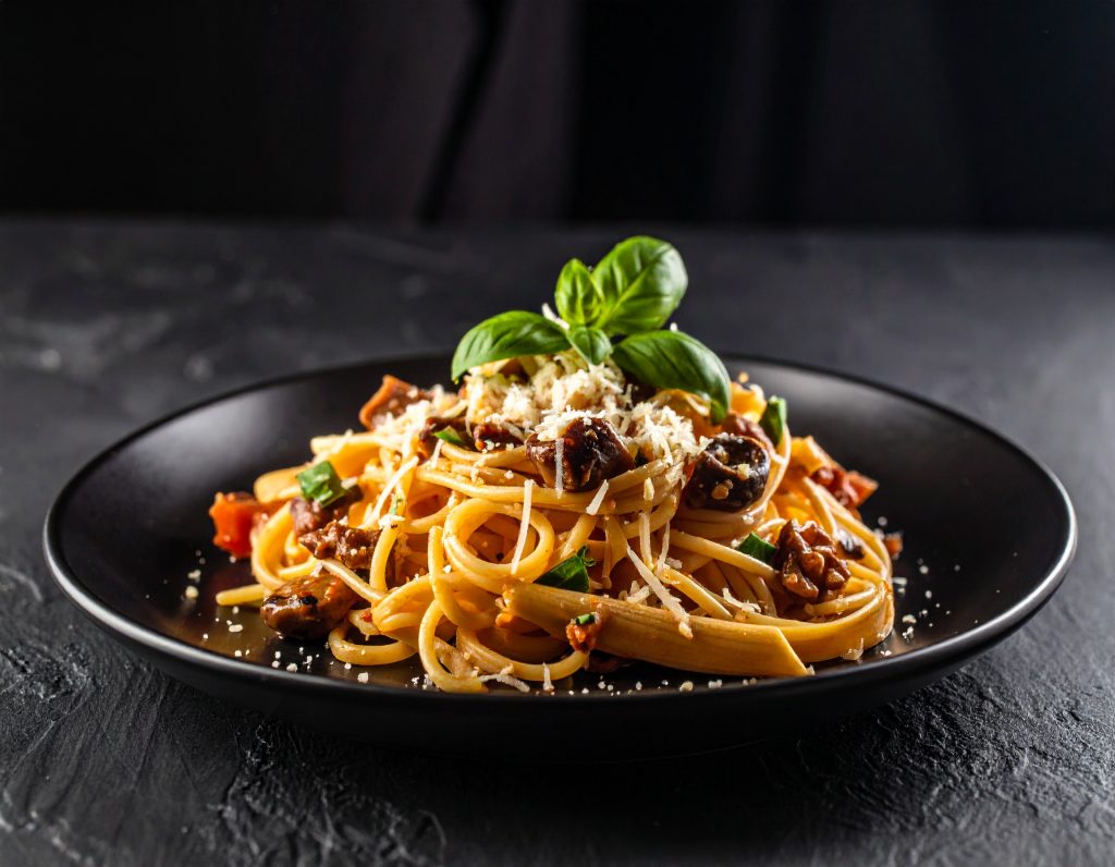 gesundes Pasta-Gericht mit Fleisch oder Tofu, symbolisiert die Art des Kochens vom Privatkoch für Sportler.